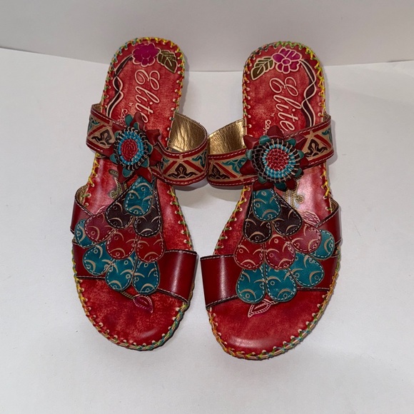 Corky's Elite leather Hand painted Sandal Navajo Size 8 Red Bohemian - Picture 3 of 16